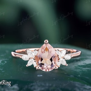 Pear shaped Morganite Engagement ring Solid 14K Rose gold Promise Ring for her Unique Cluster Ring Vintage Ring Anniversary gifts Women