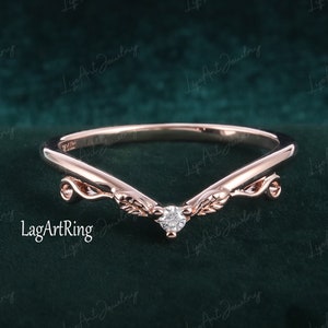 Moissanit / Diamant Ehering, 14K Rosegold geschwungener Ehering, Vintage Blatt passender Ring, Natur inspirierter Versprechen Jubiläumsring
