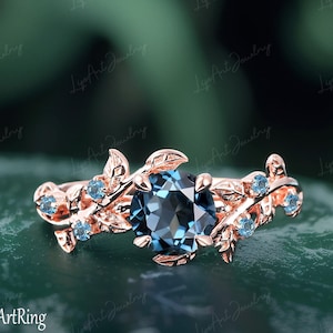 Natural London Blue topaz Engagement ring 14K Rose gold Promise Ring for her Vintage ring Unique Leaf Ring Anniversary Gifts Women