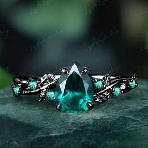 Pear emerald engagement ring,Unique leaf ring,Gothic Green gemstone ring,14k Black gold Promise Ring for her,Jewelry Anniversary Gifts Women