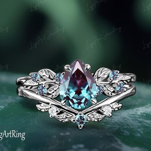 Pear cut Alexandrite Engagement ring set 14K White Gold Promise Ring Leaf Nature Inspired Bridal Sets Color Changed stone Ring Jewelry Gifts