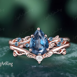 Pear London blue topaz Engagement ring 14k Rose Gold Promise Ring for her Leaf Nature Inspired Ring Alternative Gemstone Ring Jewelry gifts
