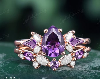 Ensemble de bagues de fiançailles poire améthyste en or rose 14 carats, bague en cristal violet coupe cerf-volant, pierre de naissance février, cadeau d'anniversaire pour la mariée