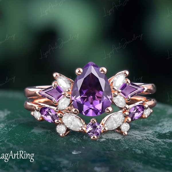 Pear Amethyst Engagement ring set 14K Rose Gold Promise Ring Kite cut Purple Crystal Ring Feb Birthstone Bridal set anniversary gifts Women