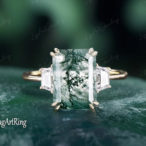 Moss Agate Engagement Ring Emerald Cut Solid 14K Yellow Gold Vintage Moissanite Engagement Ring  for Women Bridal Anniversary Gift for Her