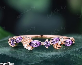 Marquise Amethyst Wedding band,Solid 14K Rose Gold Moissanite Wedding band,Dainty Leaf Promise ring,Purple Crystal Band,Anniversary Gifts