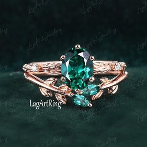 Oval cut Lab Created Emerald Engagement Ring set,Leaf Solid 14k Rose Gold Promise Ring,Unique Nature Inspired Bridal set,Anniversary gifts