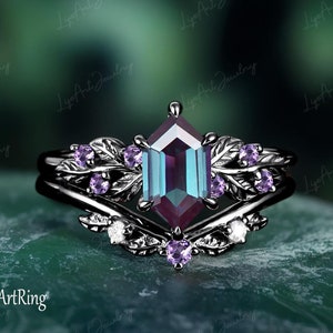 Gothic Long Hexagon Alexandrite Engagement ring Black Gold Promise Ring for her Leaf Bridal set June Birthstone Ring Anniversary gifts Women