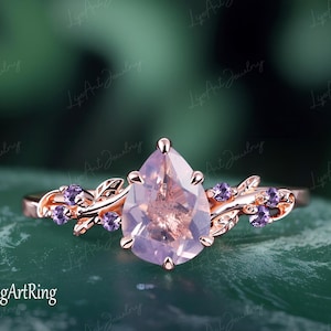 Pear Shaped Lavender Amethyst Engagement ring 14k Rose Gold Promise Ring Leaf Nature Inspired Bridal sets  Feb Gemstone Ring Jewelry gifts