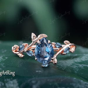 London blue topaz Engagement ring 14K Rose Gold Promise Ring for her Twist Leaf Ring Alternative gemstone Ring Anniversary gifts Women