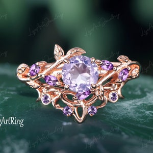 Lavender amethyst Engagement ring 14K Rose Gold Promise Ring for her Twist Leaf Ring Purple Crystal Bridal set Jewelry Anniversary gifts