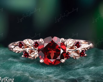Granat Verlobungsring Rosegold Versprechen Ring für sie Blatt Natur inspiriert Brautring Jan Edelstein Art-Deco-Ring Jahrestag Schmuck Geschenke