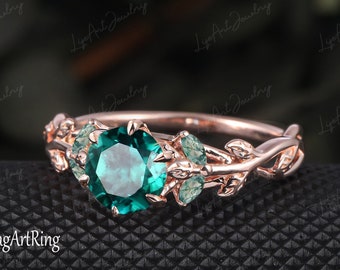 Bague de fiançailles vintage émeraude verte 14 carats, bague inspirée de la feuille et de la nature avec une taille marquise, parfaite pour un ensemble d'alliances nuptiales