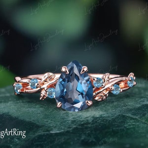 Pear London Blue topaz engagement ring,Unique leaf ring,Alternative gemstone ring,14k Rose gold Promise Ring for her,Anniversary Gifts Women