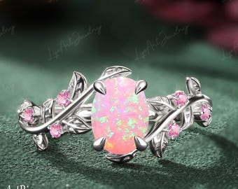 Oval geschnitten Rosa Feueropal Verlobungsring 14K Weißgold Versprechen Ring für sie Vintage Ring Rosa Saphir Blattring Jahrestag Geschenke Frauen