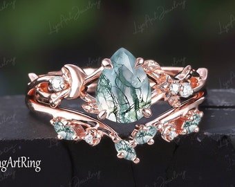 Pear shaped Moss agate engagement ring set Solid 14K Rose gold Promise Ring Vintage Moon ring Unique Nature Inspired Leaf Bridal Ring set