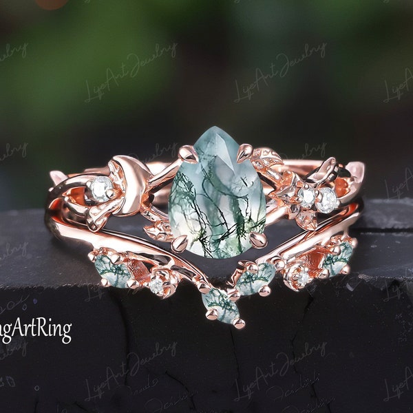 Pear shaped Moss agate engagement ring set Solid 14K Rose gold Promise Ring Vintage Moon ring Unique Nature Inspired Leaf Bridal Ring set