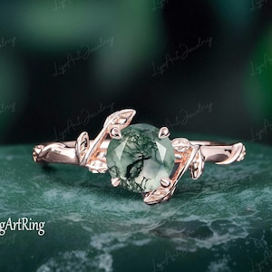 Natural Moss Agate Engagement ring Solid 14K Rose gold Promise Ring Green stone ring Unique Nature Inspired Leaf Ring Anniversary Gifts