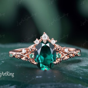 Oval cut Emerald Engagement ring  14K Rose gold Promise Ring for her Vintage ring Unique Leaf Ring Green Genstome Anniversary Gifts Women