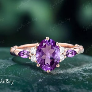 Oval Cut Amethyst Engagement Ring Vintage Rose Gold Engagement Ring Women Unique Marquise cut Promise Ring Cluster Bridal Ring for her
