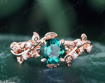 Emerald Engagement ring Solid 14K Rose gold Promise Ring Vintage ring Unique Nature Inspired Leaf Ring Green stone Anniversary Gifts