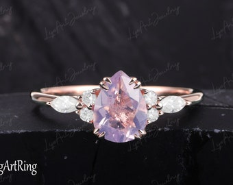 Pear Shaped Lavender Amethyst  Engagement Ring 14K Solid Rose Gold Promise Ring Unique Marquise cut Cluster Bridal Ring Personalized Jewelry