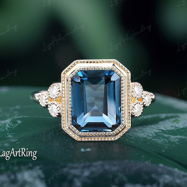 4CT London blue topaz Engagement Ring Vintage Yellow Gold Engagement Ring Women Art Deco Moissanite Promise Ring Anniversary Gift for her