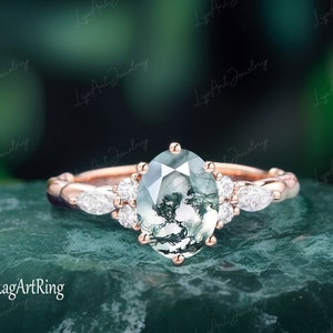 Oval Moosachat Verlobungsring Roségold Vintage Verlobungsring Zierliche Marquiseschliff Diamant Unikatring Versprechensring Braut Jahrestag