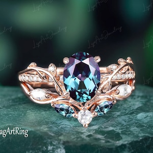 Oval Alexandrite Engagement Ring Sets Solid 14K Rose Gold Promise Ring Leaf nature inspired Wedding bridal sets Art Deco anniversary ring