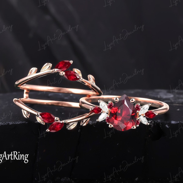 Unique Pear shaped Lab created Ruby Engagement Ring Enhance Rose Gold Ring Vintage Leaf Promise ring Cluster Bridal Set Wedding Ring for her