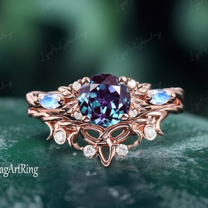 Bague de fiançailles alexandrite en or rose massif 14 carats, bague de promesse vintage, bague torsadée unique, feuille de pierre de naissance de juin, parure de mariée, cadeaux d'anniversaire
