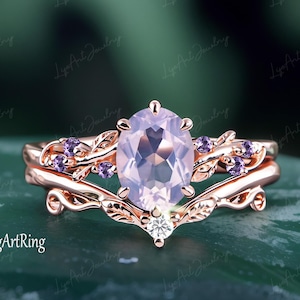 Oval Lavender Amethyst Engagement ring Set Rose Gold Promise Ring Leaf Nature Inspired Bridal Ring set Feb Gemstone Ring Jewelry gifts
