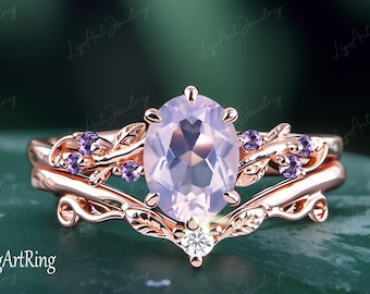 Oval Lavender Amethyst Engagement ring Set Rose Gold Promise Ring Leaf Nature Inspired Bridal Ring set Feb Gemstone Ring Jewelry gifts
