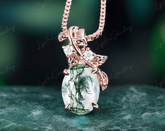 Oval Cut Moss Agate Pendant Necklace Rose Gold Necklace Leaf Vine Green Gemstone Leaf Necklace nature inspired Anniversary gifts for women