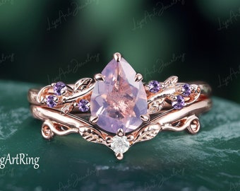 Pear Shaped Lavender Amethyst Engagement ring Rose Gold Promise Ring Leaf Nature Inspired Bridal Ring set  Feb Gemstone Ring Jewelry gifts