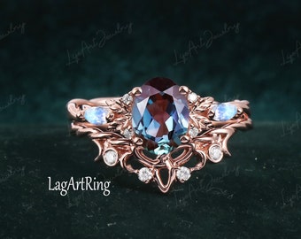 Oval Alexandrite engagement ring Solid 14K rose gold Promise Ring Vintage Twist ring Unique Nature Inspired Leaf BridalSet Anniversary Gifts