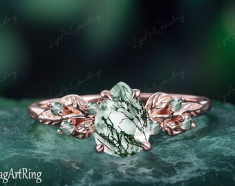 Birnenförmige Moosachat-Verlobungsring 14K Roségold-Versprechensring-Blatt-Natur inspirierte Brautsets grüner Edelstein-Ring-Schmucksachen für sie