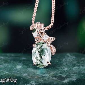 Oval Cut Moss Agate Pendant Necklace Rose Gold Necklace Leaf Vine Green Gemstone Leaf Necklace nature inspired Anniversary gifts for women
