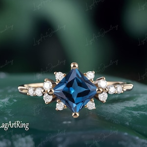Princess Cut London Blue Topaz  Engagement Ring 14k Yellow Gold Promise Ring for her Vintage Cluster Art Deco Ring Anniversary gifts Women