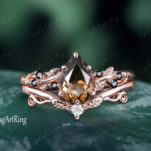 Pear cut Smoky Quartz Engagement ring set 14k Rose Gold Promise Ring for her Leaf Nature Inspired Bridal Ring set Jewelry Anniversary gifts