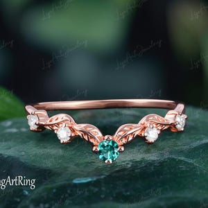 Vintage Moissanite/Diamond Wedding Band 14K Solid Rose Gold Unique Curved Wedding Band Leaf Matching Ring Promise Anniversary Gifts for her