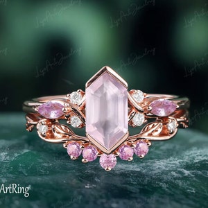 Long Hexagon Rose Quartz Engagement Ring 14k Rose Gold Promise ring for her Cluster Bridal Sets Pink Quartz Ring Anniversary gifts Women