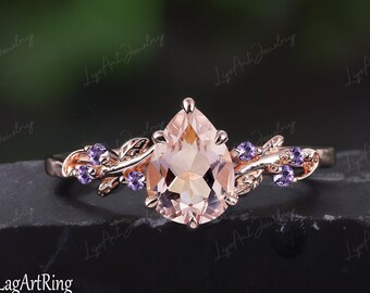 Pear Shaped Morganite Engagement ring 14k Rose Gold Promise Ring Leaf Nature Inspired Bridal Ring set June Gemstone Ring Jewelry gifts