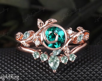 Anillo de compromiso de esmeralda verde, anillo de compromiso de oro rosa de 14 quilates, conjuntos nupciales únicos inspirados en la naturaleza, anillo de piedra preciosa verde, regalos de joyería