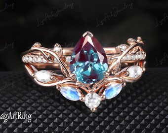 Pear alexandrite engagement ring sets solid 14K Rose gold promise ring leaf nature inspired wedding bridal sets art deco ring anniversary