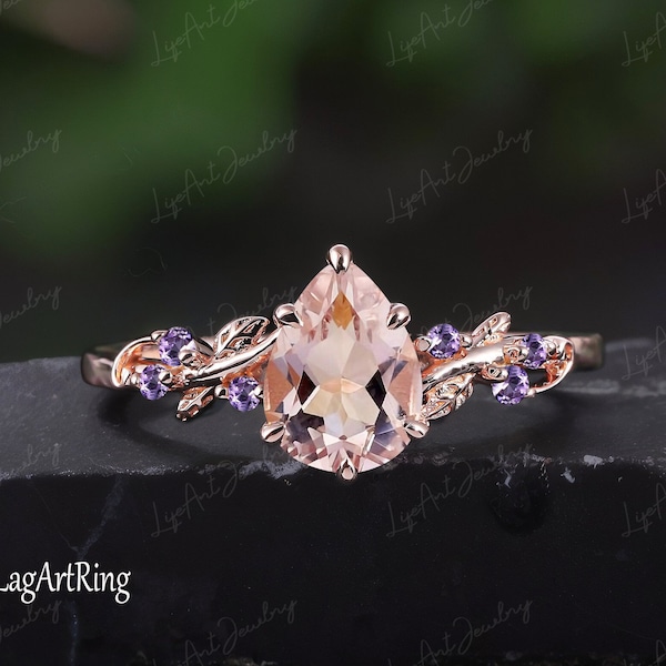 Pear Shaped Morganite Engagement ring 14k Rose Gold Promise Ring Leaf Nature Inspired Bridal Ring set June Gemstone Ring Jewelry gifts