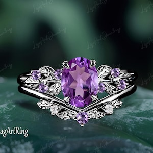 Oval Amethyst Engagement ring set 14k Black Gold Promise Ring for her Leaf Bridal Set Gothic February Birthstone Ring Anniversary gift Women