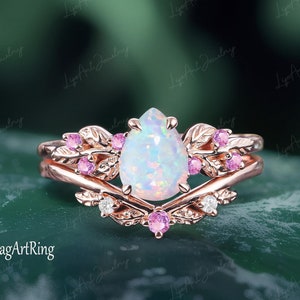 Birne Opal Verlobungsring Set 14K Rose Gold Versprechen Ring Blatt Natur inspiriert Ring Okt Edelstein Brautring Sets Jahrestag Geschenke Frauen