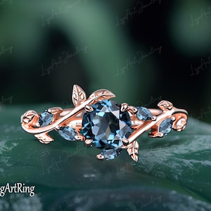 London blue Topaz Engagement ring 14K Rose Gold Promise Ring for her Twist Leaf Ring Vintage ring Jewelry Anniversary gifts Women