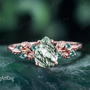 Pear shaped Moss Agate Engagement ring 14K Rose Gold Promise Ring Leaf Nature Inspired Ring Green Gemstone Ring Anniversary gifts for her